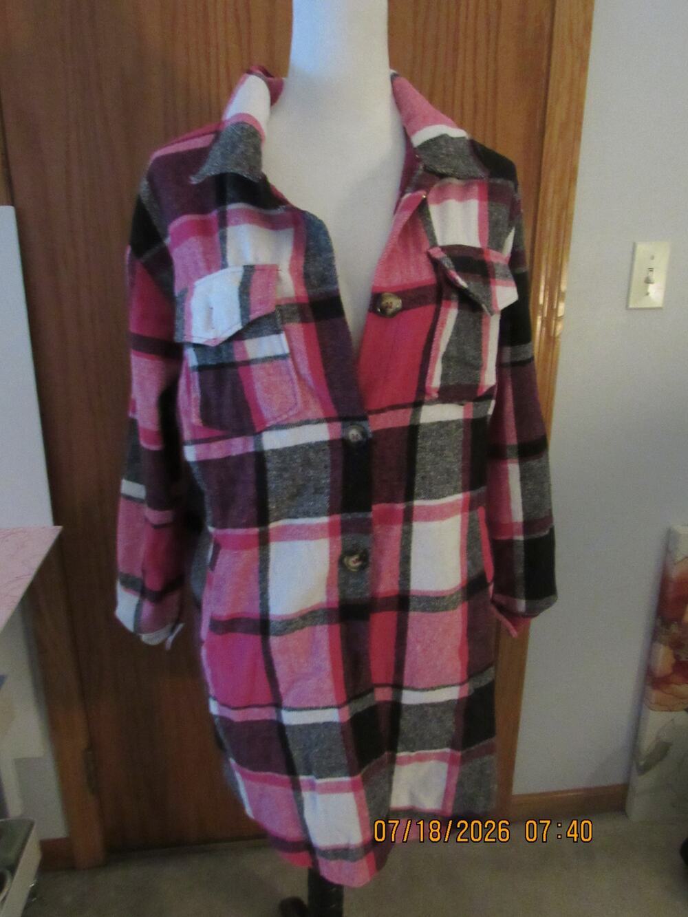 Pink and black buffalo plaid long flannel